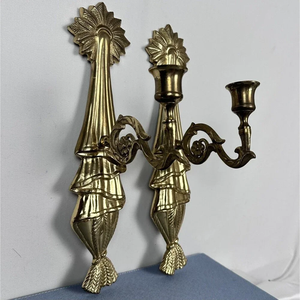 Vintage-2 x Brass Wall Sconces 12” Candle Ornate Holders Swivel Arm Made India